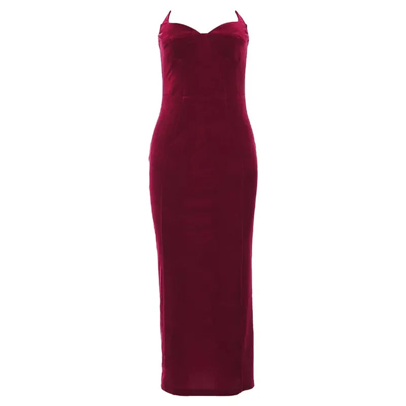 Velvet Red Evening Party Dress for Women Elegant Sexy Strapless Bodycon Long Dresses Celebrity Club Outfits