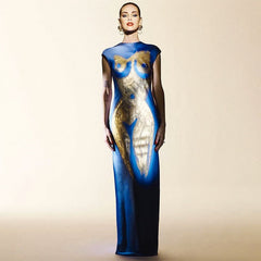 Body Printed Graphic Dress Women Celebrity Elegant Sexy Party Wear Short Sleeve Slit Long Maxi Dresses Blue