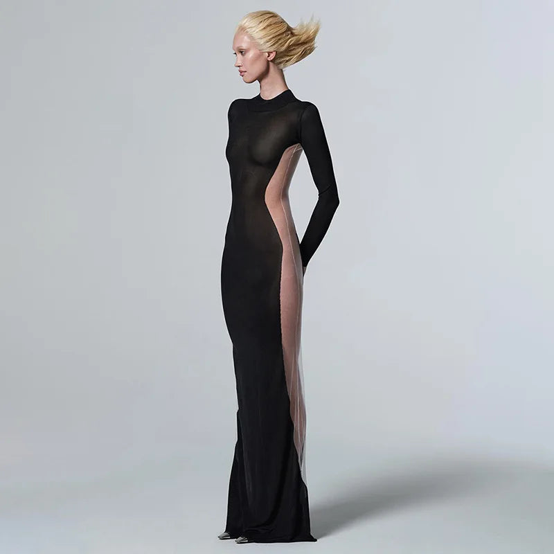 Women 2024 Spring Autumn Long Sleeve Party Club Streetwear Evening Black Long Dress