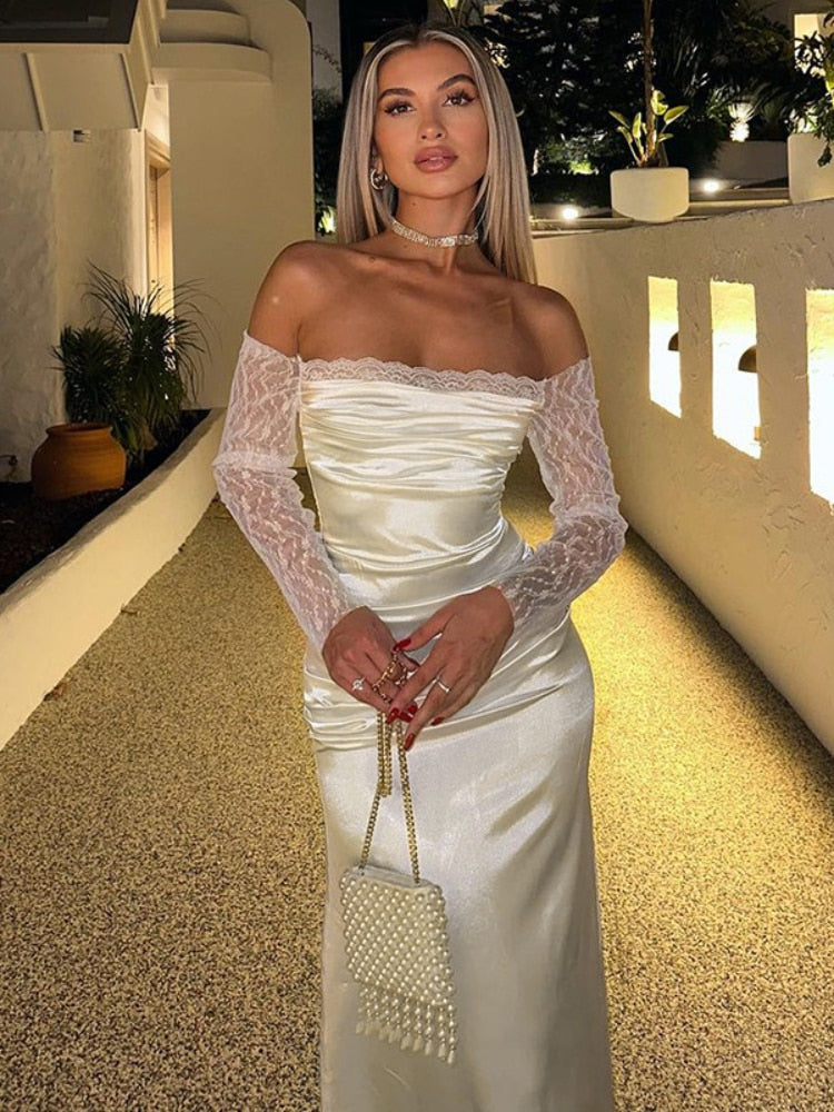 Champagne Satin Sexy Party Dress Women Elegant Luxury 2023 Fall Lace Long Sleeve Off Shoulder Maxi Dresses
