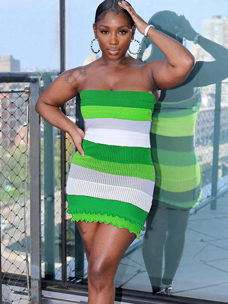 Tube Dress Knit Women Elegant Summer Ruffles Hem Skinny Stretch Patchwork Striped Street Vacation Clubwear Bodycon