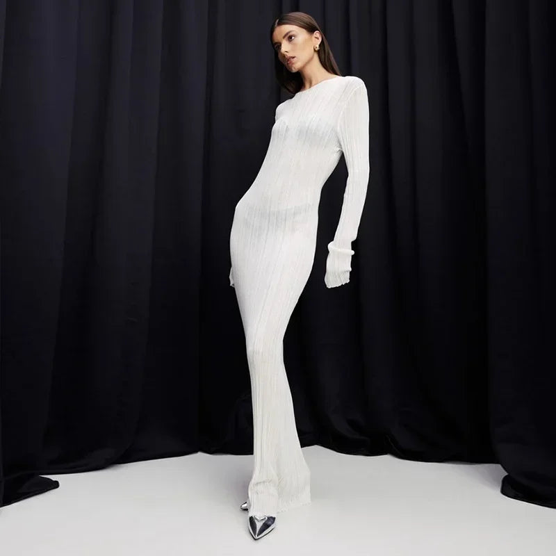 Sexy See-through Bodycon Long Dress Black White Party Elegant Dresses for Women Fall Winter Clothes
