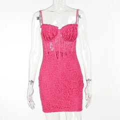 Sexy Lace Mini Dress Pink Purple Summer Clubwear Spaghetti Strap Deep V Backless Bodycon Dresses for Women