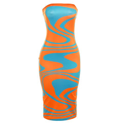 Wavy Print Tube Dress Women Sleeveless Stretch Contrasting Color Summer Elegant Streetwear Maxi Bodycon Vestidos