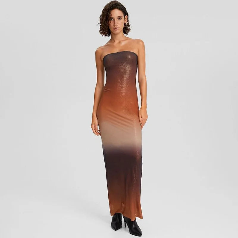 Gradient Brown Strapless Long Dresses Elegant Sexy Dinner Party Fitted Dress for Women Nightclub Outfits