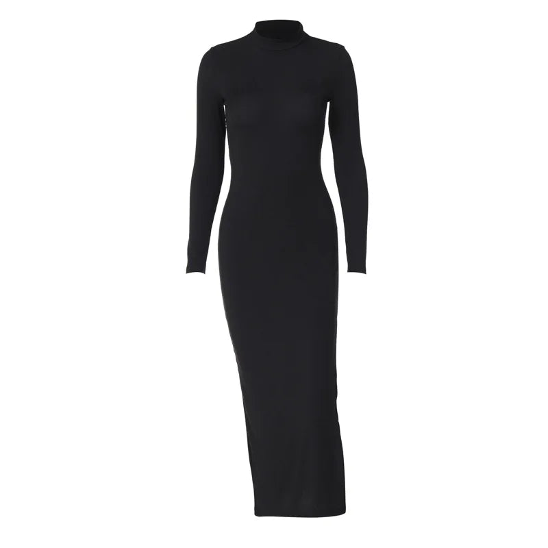 Sexy Hollow Bandage Bodycon Dress Black Ribbed Split Long Dresses for Women Winter Night Club Outfits