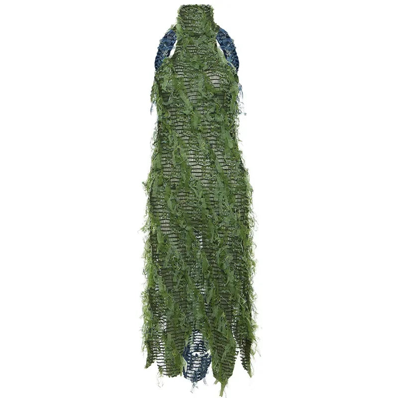 Green Mesh Fringe Halter Backless Long Dress See Through Sexy Party Dresses for Women Night Club Outfits