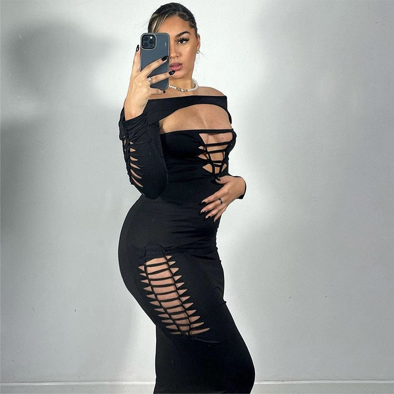 Sexy Cut Out Backless Black Dress Night Club Outfits for Women Clothes Fall 2023 Long Sleeve Maxi Dresses