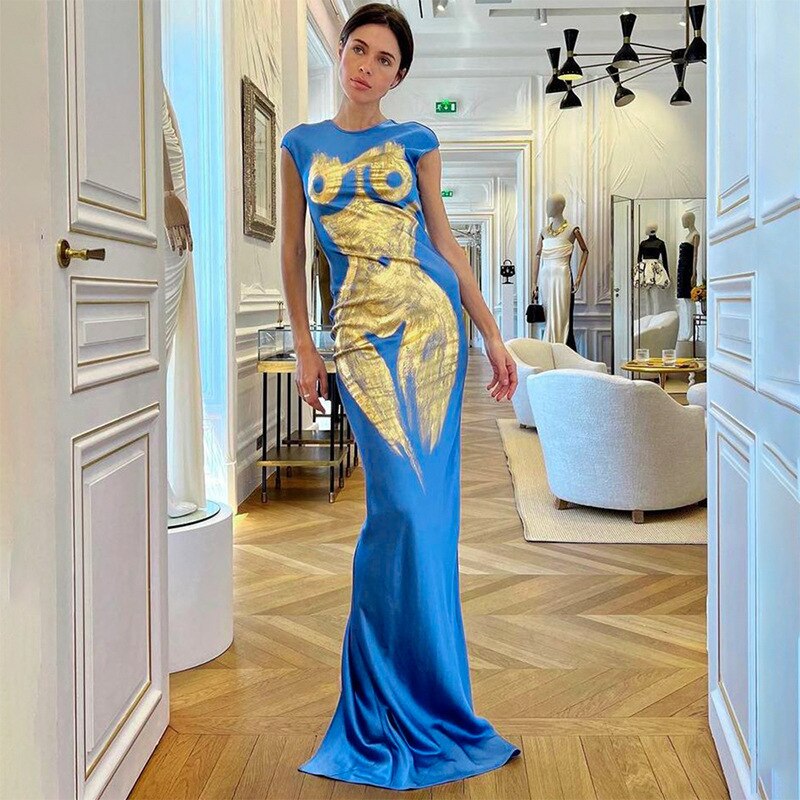 Body Printed Graphic Dress Women Celebrity Elegant Sexy Party Wear Short Sleeve Slit Long Maxi Dresses Blue