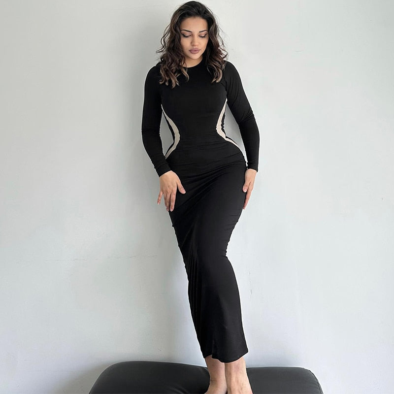 Women 2023 Autumn Winter Long Sleeve Party Club Streetwear Bodycon Black Long Dress