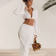 Vacation 2 Pieces White Skirt Sets Women Outfits Autumn 2023 Elegant Fashion Long Sleeve Shirt Dress Set