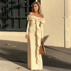 Ruffled Off Shoulder Maxi Dress Long Sleeve Women Clothing 2023 New Arrivals Fall Winter Flowy Elegant Dress