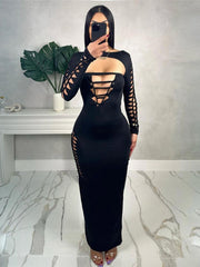 Sexy Cut Out Backless Black Dress Night Club Outfits for Women Clothes Fall 2023 Long Sleeve Maxi Dresses