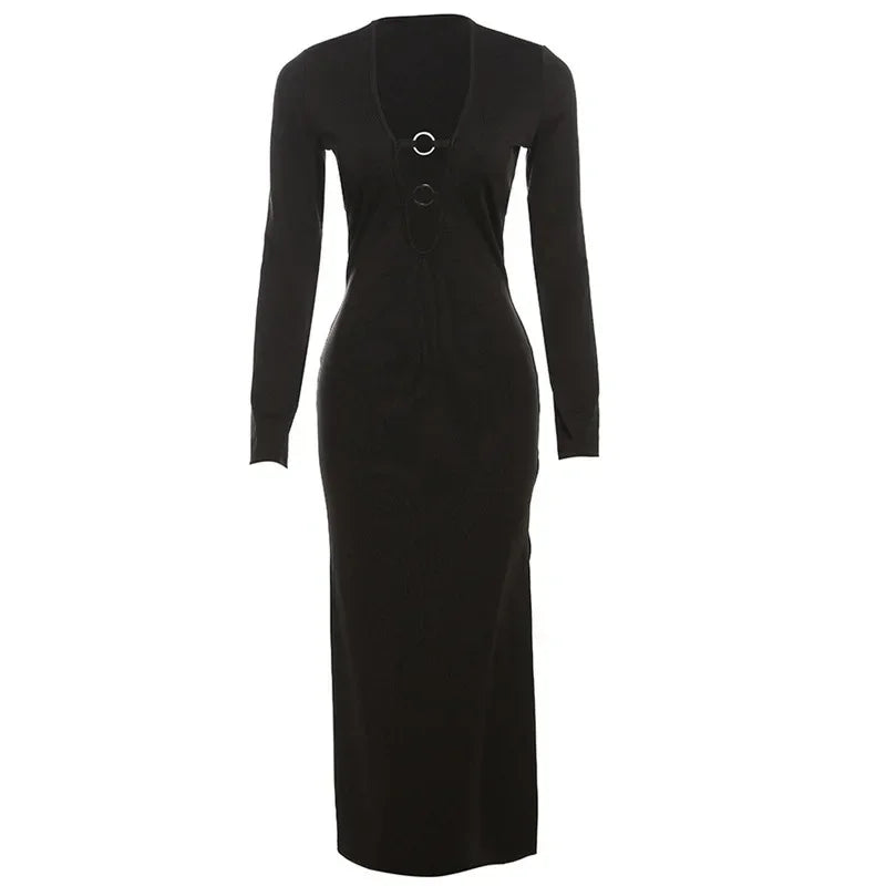 Black Evening Dresses Woman Elegant Long Sleeve Deep V Neck Split Maxi Dress Sexy Winter Party Outfits