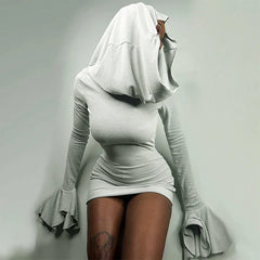 Flared Long Sleeve Hooded Mini Dress Trashy Y2k Streetwear Sexy Bodycon Dresses for Winter for Women 2023