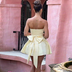 Tube Top Bow Backless A Line Short Dresses for Women Party Outfits Princess Style Cute Sexy Mini Prom Dress