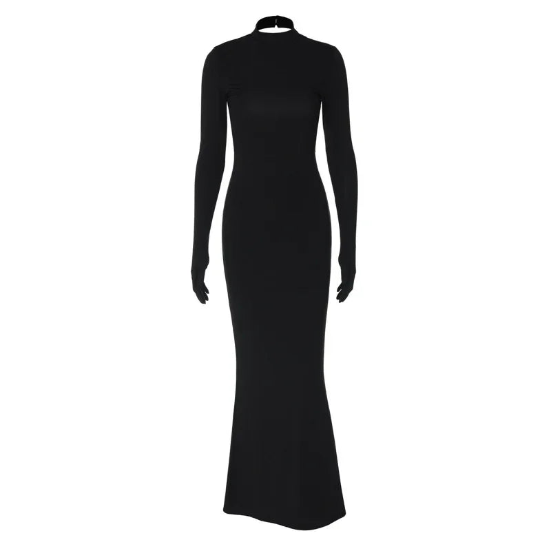 Gloves Long Sleeve Backless Bodycon Maxi Dress Winter Sexy Elegant Gown Womans Clothing Black Dresses