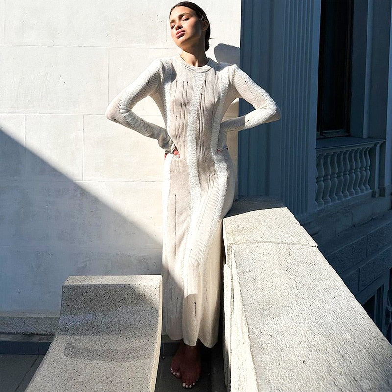 See Through Hollow Knit Sweater Dresses White Elegant Maxi Dress Long Sleeve Women Fall Winter Clothes 2023