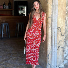 French Fashion Floral Dress Women Sexy Sleeveless Deep V Neck Backless Long Dresses Cottagecore Resort Wear