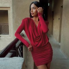Women 2024 Spring Autumn Long Sleeve Party Club Evening Streetwear Bodycon Red Mini Dress