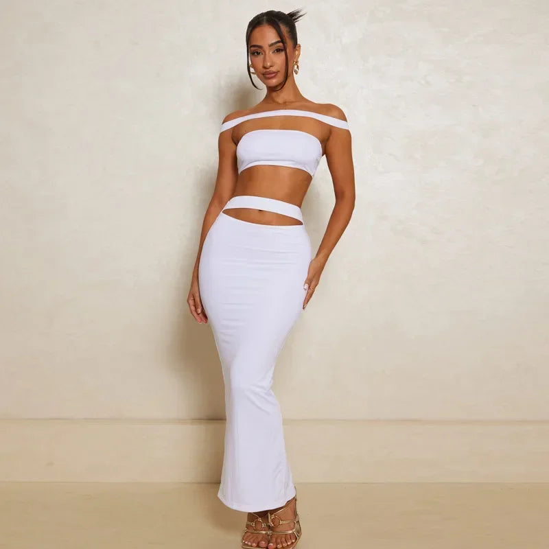 Sexy 2pcs Set Women Matching Sets Off Shoulder Crop Top and Long Skirt White Black Dress Party Club Outfits