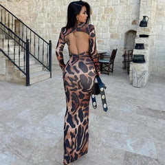Cut Out Backless Long Sleeve Maxi Dresses for Women Elegant Sexy Winter Party Leopard Print Bodycon Dress