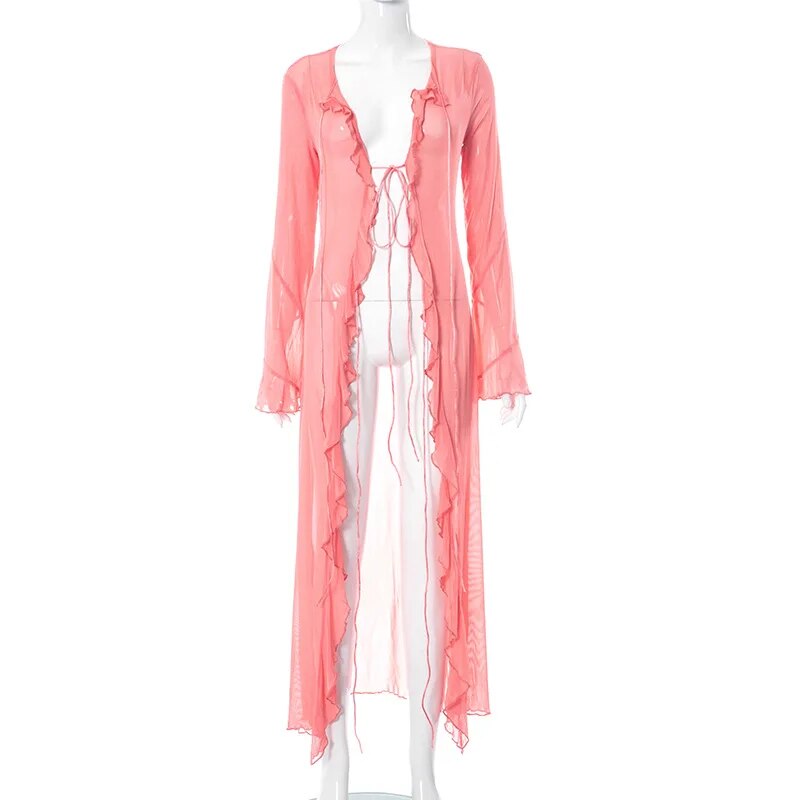Ruffles Lace Up Dress Women Summer Trend Sheer Long Sleeve Deep v-Neck Solid Streetwear Y2K Cardigan Bodycon Clubwear