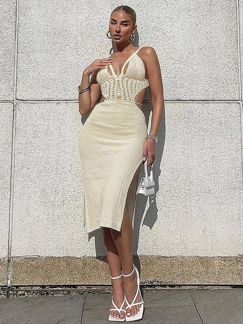 Y2k Sexy Cutout Backless Women Dress Summer Trend Solid Color Elegant Slit Stretch Straps Party Prom Club Bodycon