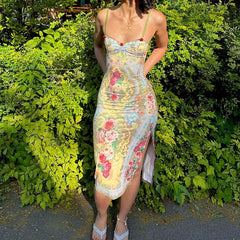 Y2k Vintage Floral Print Slit Dresses for Women Cute Sexy Spaghetti Strap Backless Midi Bodycon Dress Elegant