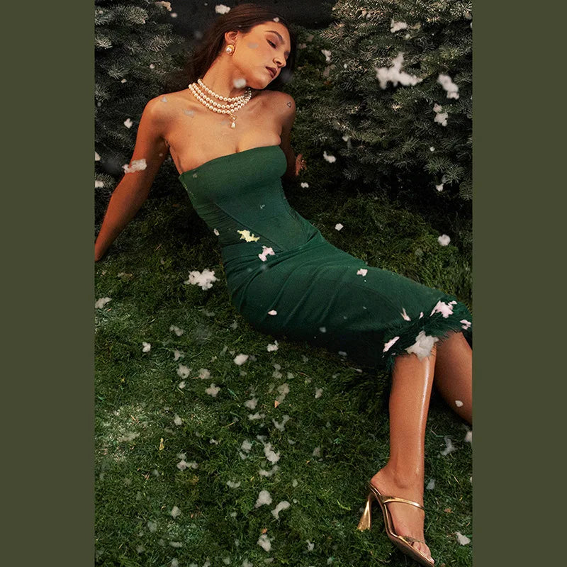 Green Long Party Dresses for Women Elegant Evening Gown Feathers Backless Bodycon Dress Night Out Outfits