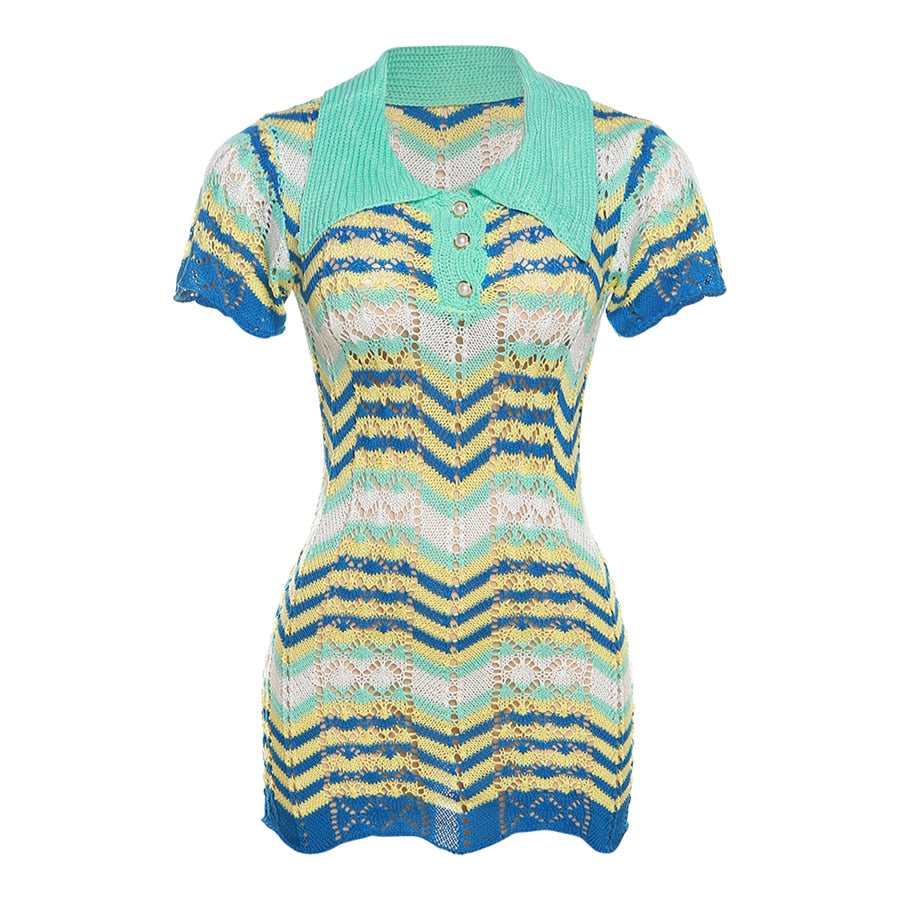 Crochet Wavy Dress Women Summer 2023 Short Sleeve Polo Button Mini Bodycon Skinny Elastic Vintage Fashion Streetwear