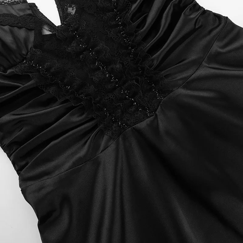 Lace Trim Satin Corset Dress Party Night Elegant Deep V Backless Sexy Mini Dress Women Black Vestidos
