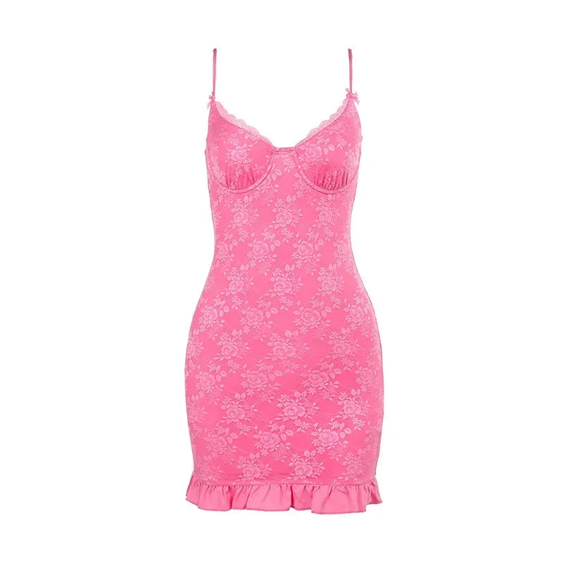 Floral Lace Pink Dresses Summer Women Fashion Clothes Spaghetti Strap Deep V Backless Mini Dress Cute Sexy