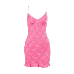 Floral Lace Pink Dresses Summer Women Fashion Clothes Spaghetti Strap Deep V Backless Mini Dress Cute Sexy