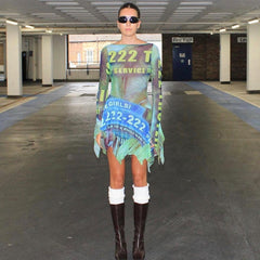 Irregular Print Sheer Mesh Short Dresses Y2k Street Fashion Sexy Women Outfits 2023 Summer Dress Long Sleeve