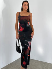 Fashion Printed Spaghetti Strap Maxi Dress for Women Summer 2023 Elegant Backless Long Dresses Resort Wear