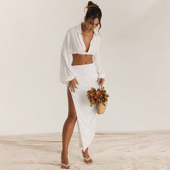 Vacation 2 Pieces White Skirt Sets Women Outfits Autumn 2023 Elegant Fashion Long Sleeve Shirt Dress Set