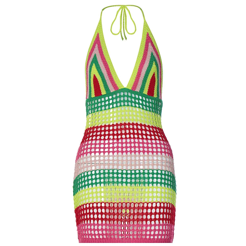 Colorful Knit Party Dress Sexy Women Backless Halter v-Neck Hole Tight Bodycon 2023 Summer Beach Vacation Clubwear