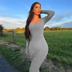 Ribbed-knit Grey Black Dress Women Winter Fashion Casual Low Cut Backless Long Sleeve Bodycon Maxi Dresses