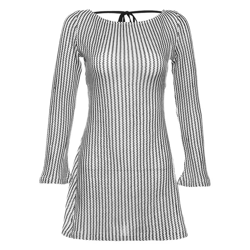 Striped Print Tie Up Backless Mini Dress French Style Long Sleeve Dresses for Women Sexy Winter Outfits