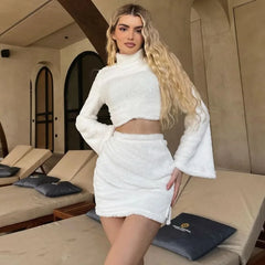 Fluffy Long Sleeve 2 Piece Skirt Sets Women Fashion Clothes Winter Outfit Comfy Short Dress Suits