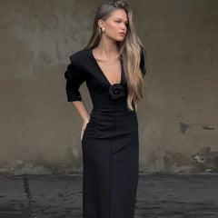 Sexy Long Party Dresses for Women Elegant Fashion Floral Applique Deep V Neck Slit Dress Black Winter Outfits
