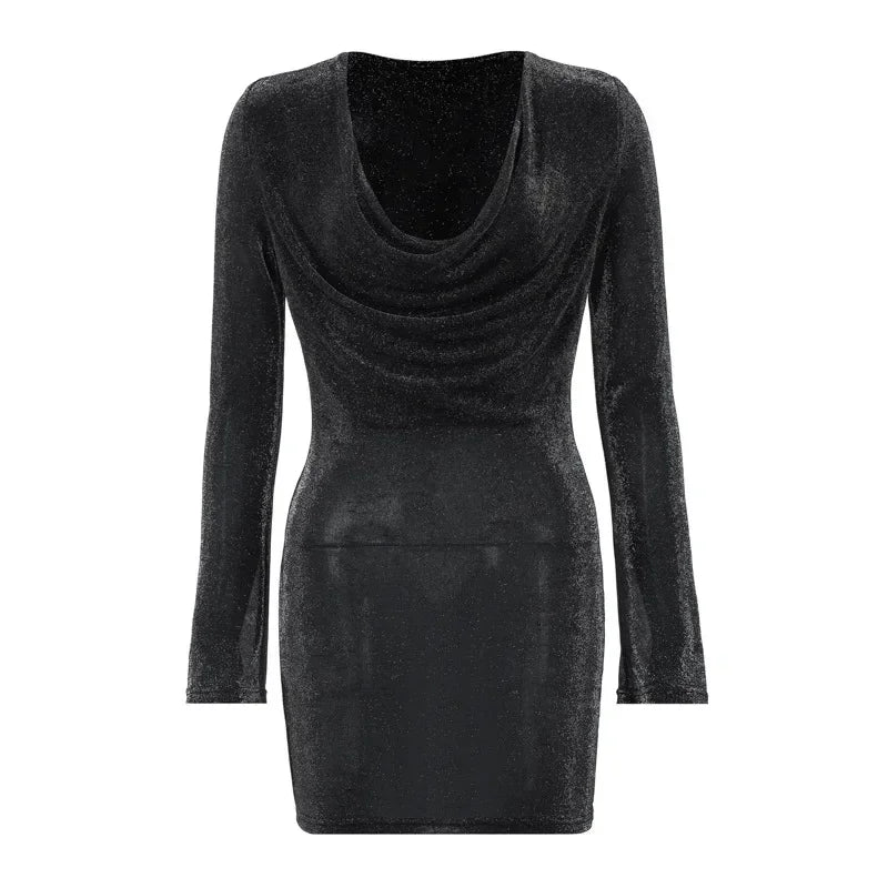Glitter Black Dresses Women Long Sleeve Cowl Neck Mini Bodycon Dress Winter Fashion Sexy Nightclub Outfits