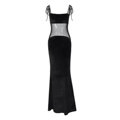Sheer Mesh Insert Black Evening Dress Party Night Elegant Sexy Lace Up Backless Maxi Long Dresses for Women