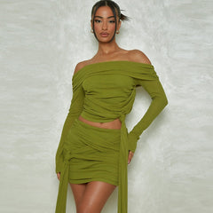 Long Sleeve Sexy 2 Piece Crop Top and Skirt Set Irregular Bandage Dress Green