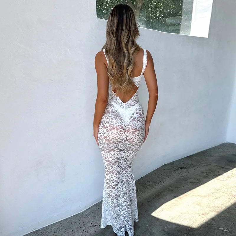 See Through Lace Holiday Party Dress White Pink Hollow Out Deep V Backless Long Dresses Sexy Outfits for Women