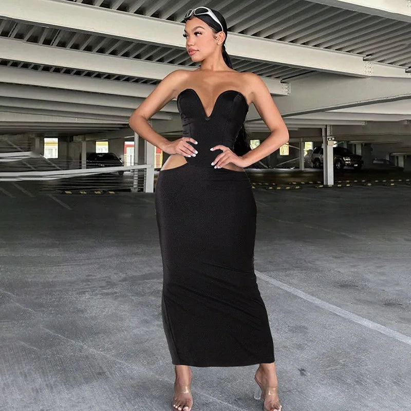 Cut Out Deep V Strapless Long Dress Womans Clothing Sexy Black Party Dresses Night Club Outfits for Women