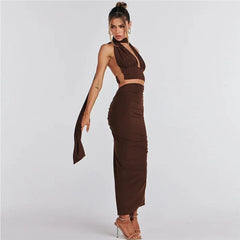 Going Out Two Piece Set for Women Halter Top and Long Skirt Sets Sexy Birthday Outfit Elegant Party Dresses
