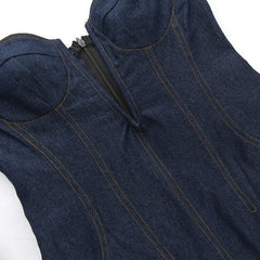 Y2k Street Fashion Blue Denim Dresses for Women 2024 Summer Strapless Deep V Mini Bodycon Dress Clubwear