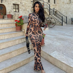 Cut Out Backless Long Sleeve Maxi Dresses for Women Elegant Sexy Winter Party Leopard Print Bodycon Dress